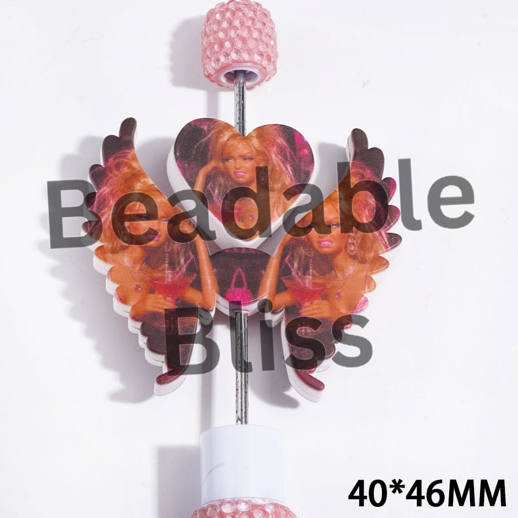 Printed Silicone Focal Beads Fashion Doll Characters Holding Cocktails, Heart and Wing Set, 40*46MM
