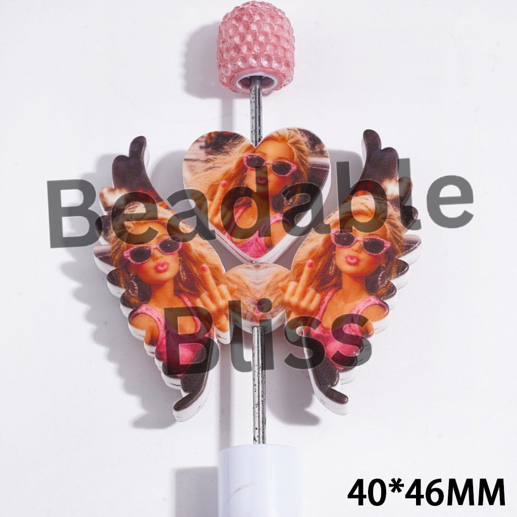 Printed Silicone Focal Beads Heart and Wing Set, Fashion Doll Characters Making Provocative Gesture, 40*46MM