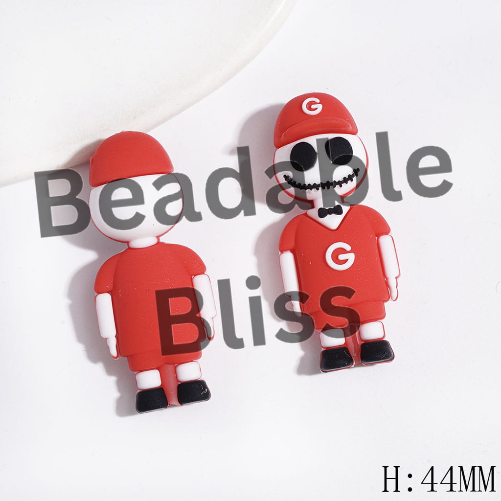 Silicone Focal Beads 3D Skull Skeleton Couple Character with Red Sports Hat & Jersey Set, Green Bay Football Team, Height 44MM