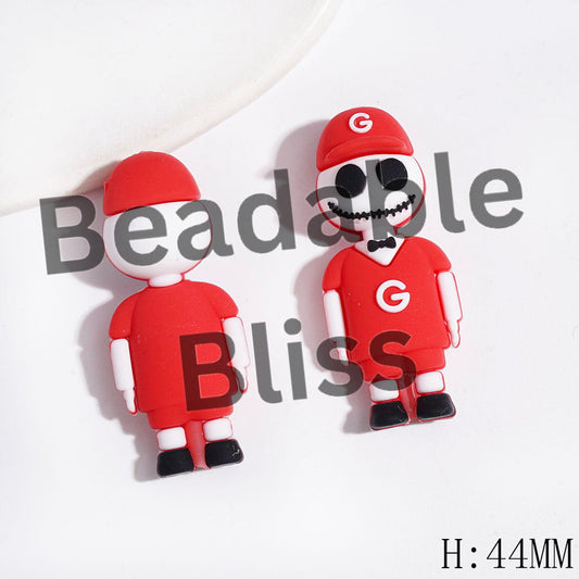 Silicone Focal Beads 3D Skull Skeleton Couple Character with Red Sports Hat & Jersey Set, Green Bay Football Team, Height 44MM