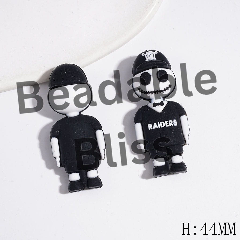 Las Vegas Football Team Style Silicone Focal Beads, 3D Skull Skeleton Couple Character with Black Sports Hat & Jersey Set, Height 44MM
