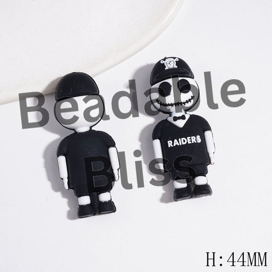 Las Vegas Football Team Style Silicone Focal Beads, 3D Skull Skeleton Couple Character with Black Sports Hat & Jersey Set, Height 44MM