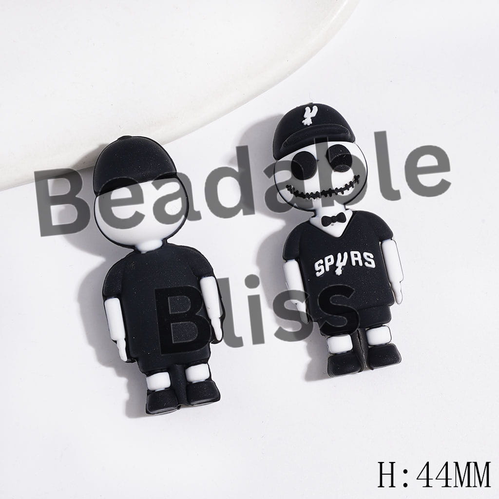 3D SAS Basketball Sports Style Skull Skeleton Couple Character Design Silicone Focal Beads, Height 44MM