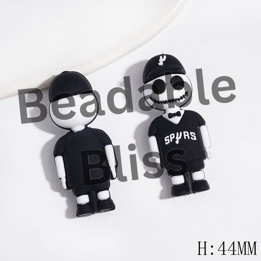 3D SAS Basketball Sports Style Skull Skeleton Couple Character Design Silicone Focal Beads, Height 44MM