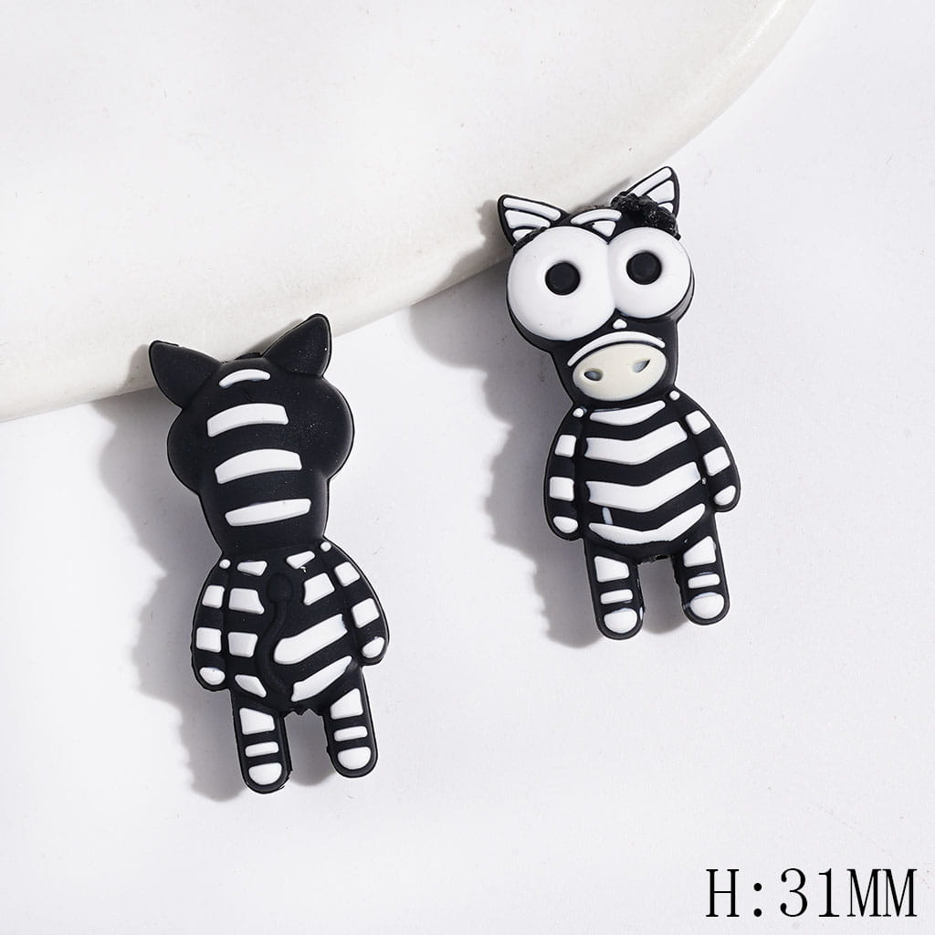 Silicone Focal Beads 3D Comical Zebra with Funny Eyes and Black White Stripes, Height 31MM