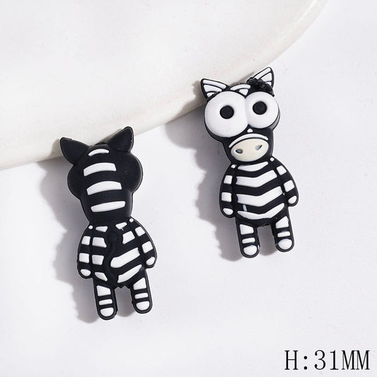 Silicone Focal Beads 3D Comical Zebra with Funny Eyes and Black White Stripes, Height 31MM