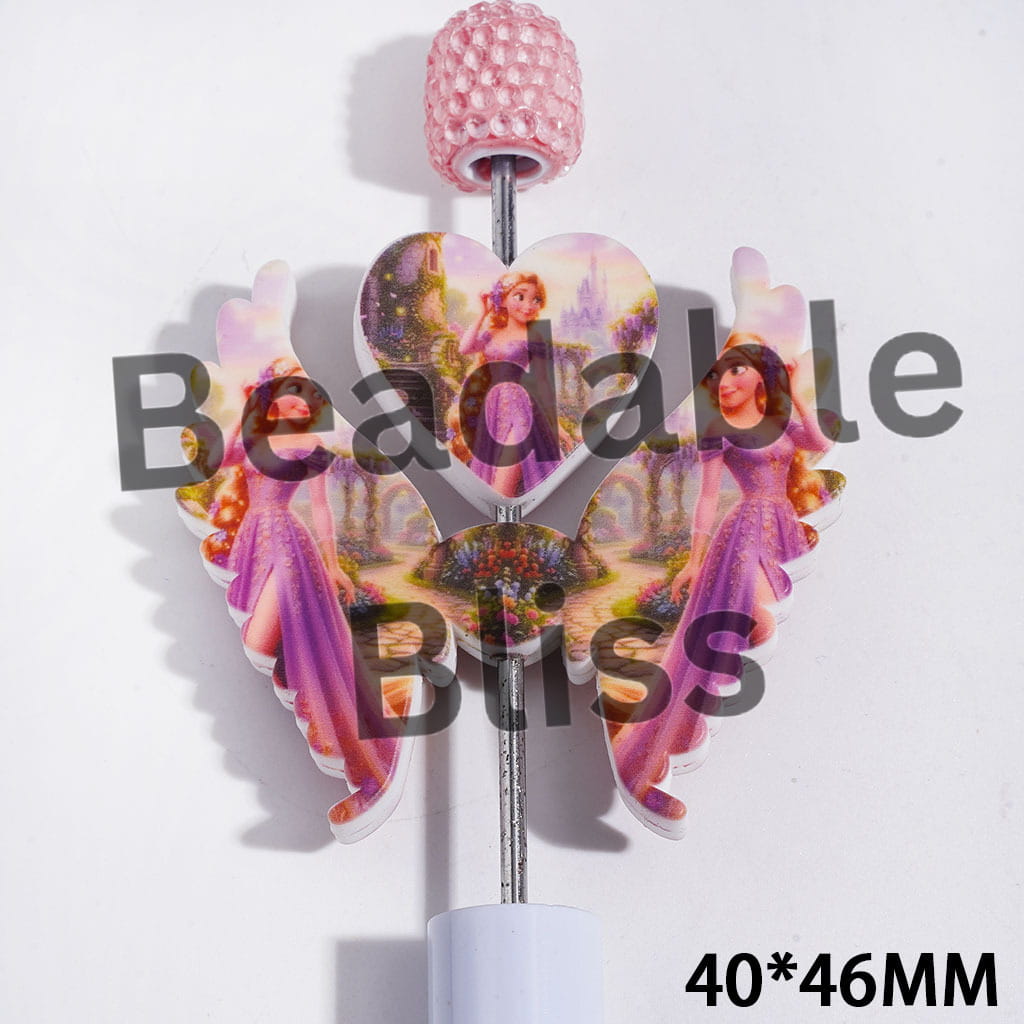 Printed Silicone Focal Beads Princess with Purple Dress, Heart and Wing Set, 40*46MM