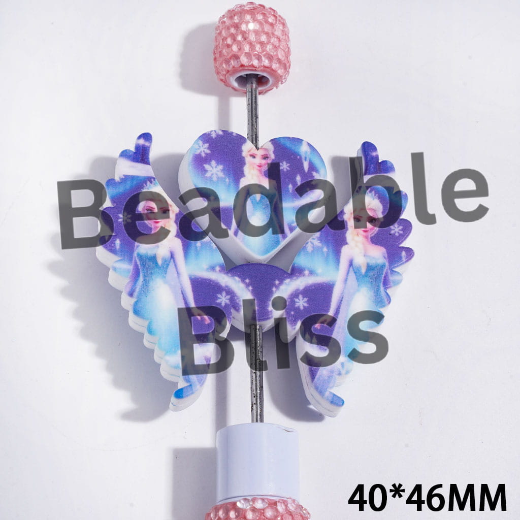 Printed Silicone Focal Beads Pretty Princess Character and Snowflack, Heart and Wing Set, 40*46MM