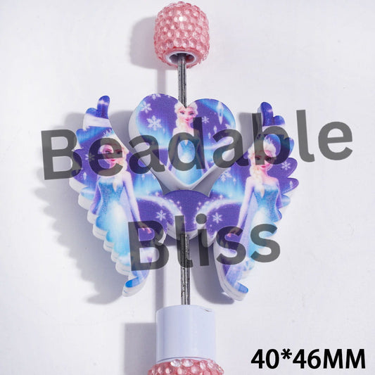 Printed Silicone Focal Beads Pretty Princess Character and Snowflack, Heart and Wing Set, 40*46MM