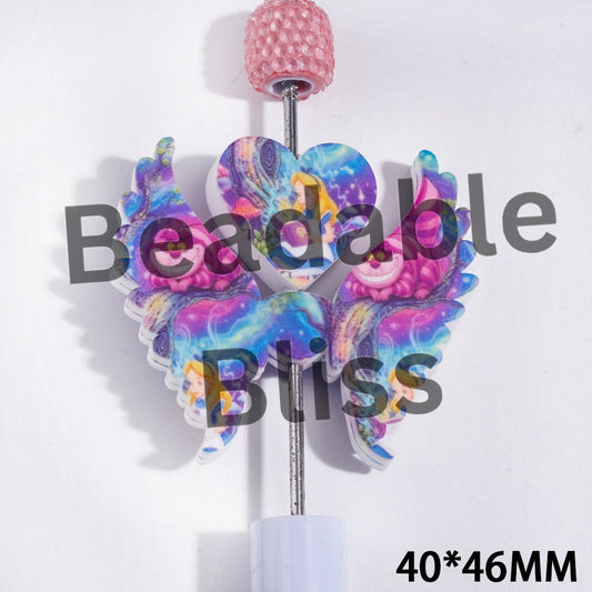 Printed Silicone Focal Beads Reading Book Princess Character and Pink Purple Cat, Heart and Wing Set, 40*46MM