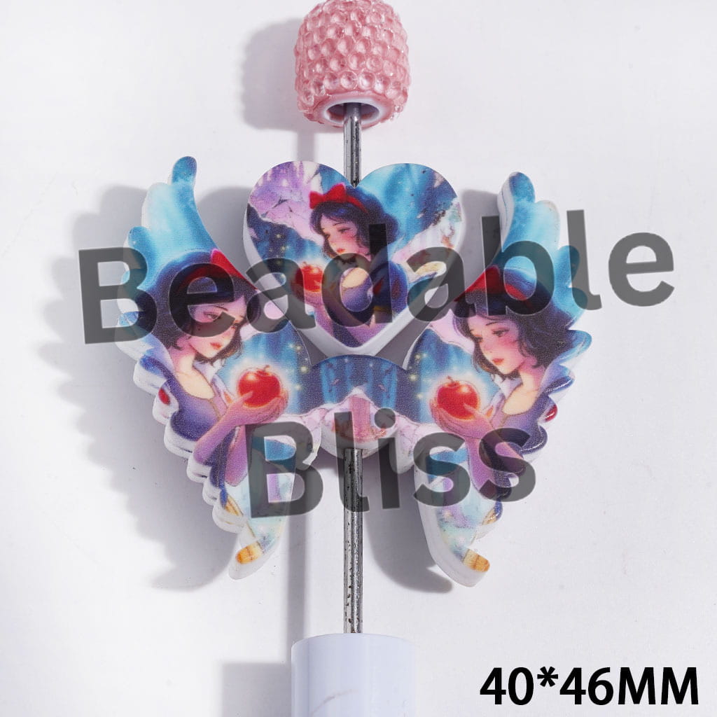 Printed Silicone Focal Beads Holding Apple Pretty Princess Character, Heart and Wing Set, 40*46MM