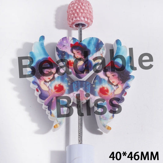 Printed Silicone Focal Beads Holding Apple Pretty Princess Character, Heart and Wing Set, 40*46MM