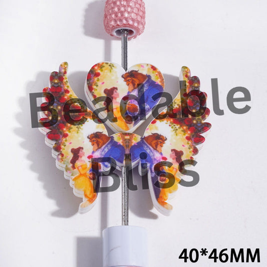 Printed Silicone Focal Beads Princess and Wild Animal Character, Heart and Wing Set, 40*46MM