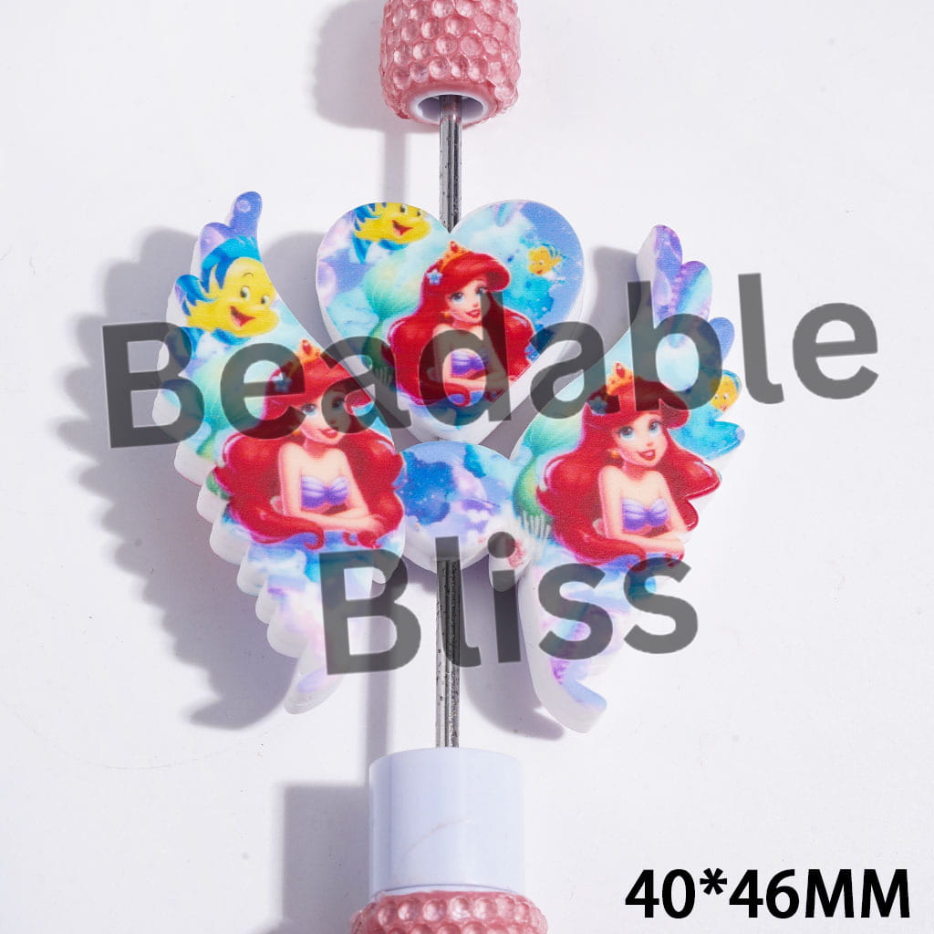 Printed Silicone Focal Beads Beautiful Mermaid Princess Character with Red Hair, Heart and Wing Set, 40*46MM