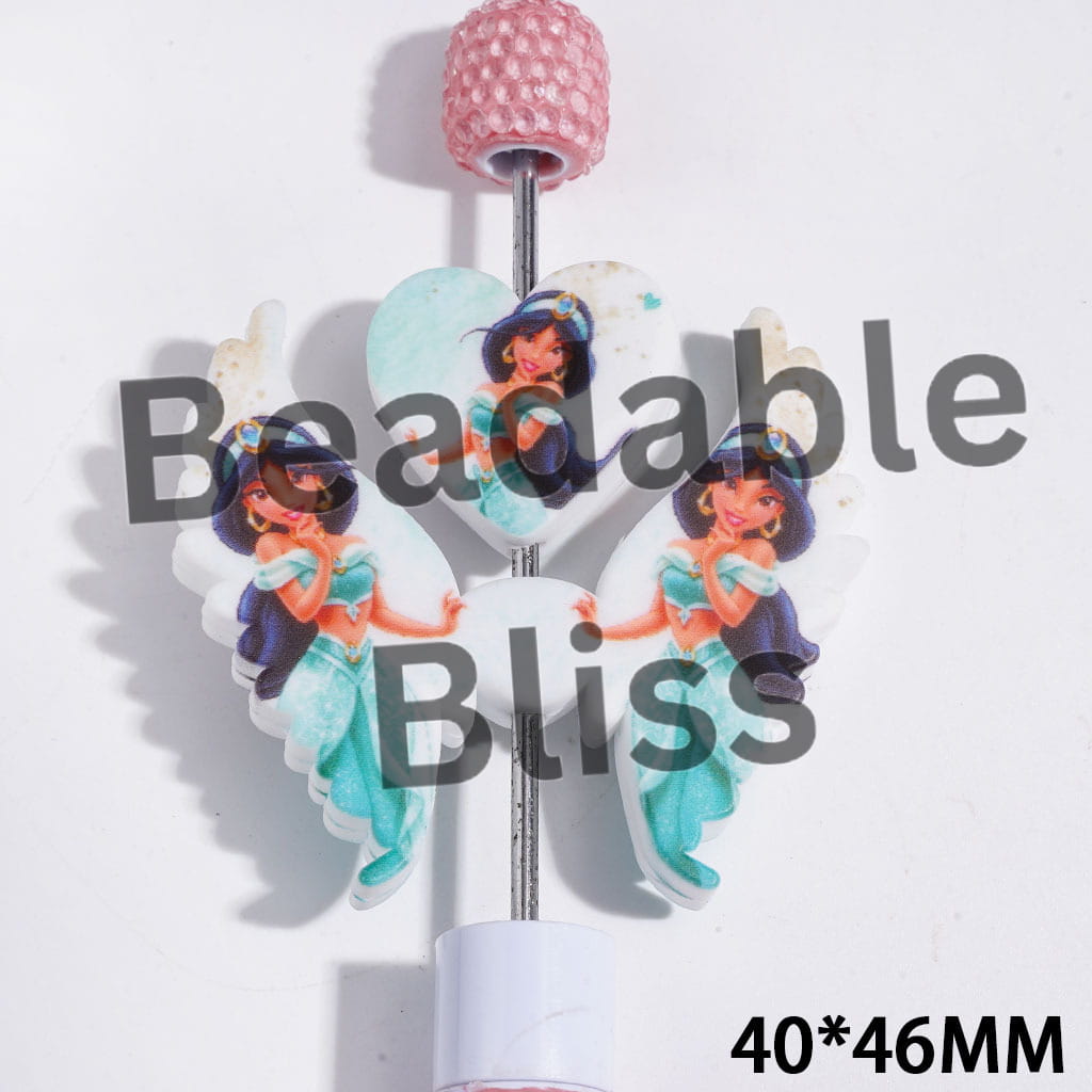 Printed Silicone Focal Beads Princess Character with Teal Dress, Heart and Wing Set, 40*46MM
