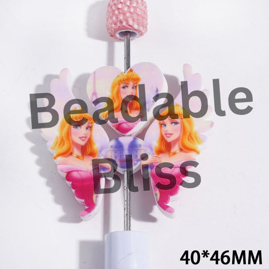 Printed Silicone Focal Beads Princess Character with Gold Hair, Heart and Wing Set, 40*46MM