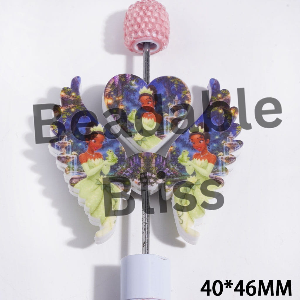 Printed Silicone Focal Beadswith Green Dress Beautiful Princess and Frog, Heart and Wing Set, 40*46MM