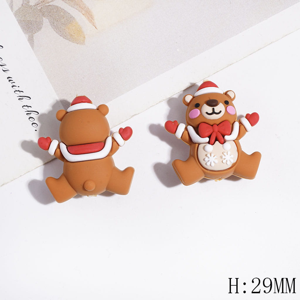 3D Christmas Bear Wearing Red White Hat & Snowflake Shawl & Glove Silicone Focal Beads, Height 29MM