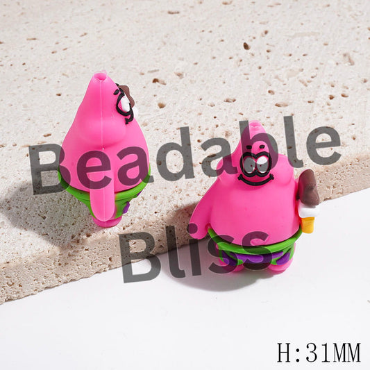 3D Pink Starfish Character Holding Ice-Cream Cone Silicone Focal Beads, Height 31MM