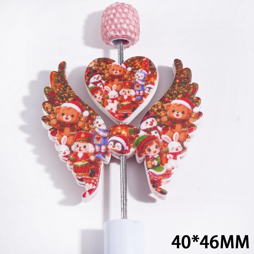 Printed Silicone Focal Beads Cartoon Animal Characters in Chrisitmas Theme, Heart and Wing Set, 40*46MM