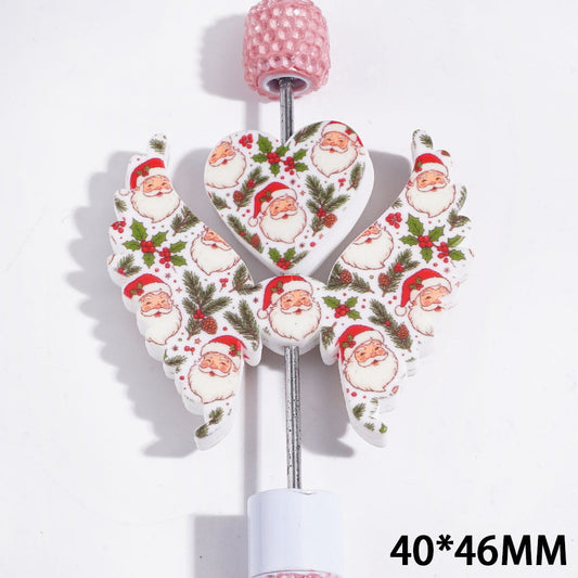 Printed Silicone Focal Beads Santa Claus and Holly Pinecone Pine Branch, Heart and Wing Set, 40*46MM