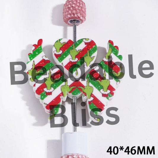 Printed Silicone Focal Beads Red Green & White Diagonal Stripes and Humor Gesture, Heart and Wing Set, 40*46MM