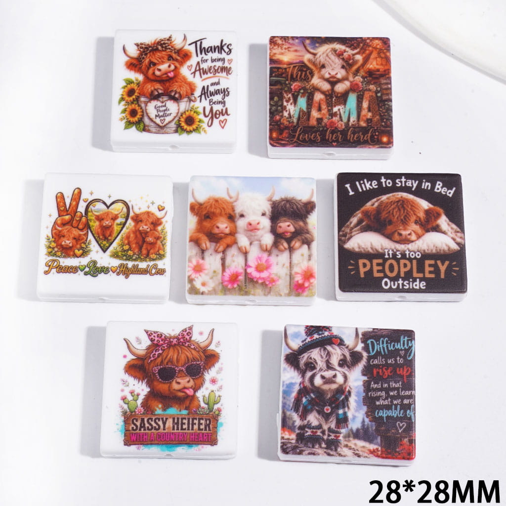 Silicone Focal Beads with Highland Cattle and Humor Text, Flat Square Shape, 28*28MM Random Mix