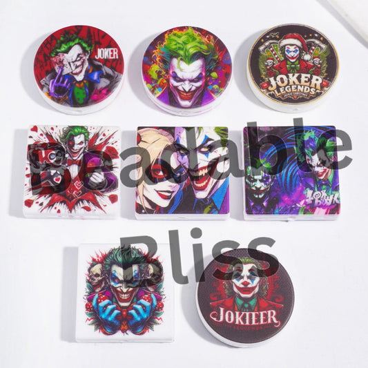 Classic Villains Joker and Girl Characters Silicone Focal Beads, Flat Round and Square Shape, Random Mix