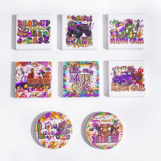 The Mardi Gras in USA New Orleans Silicone Focal Beads, Flat Round and Square Shape, Random Mix