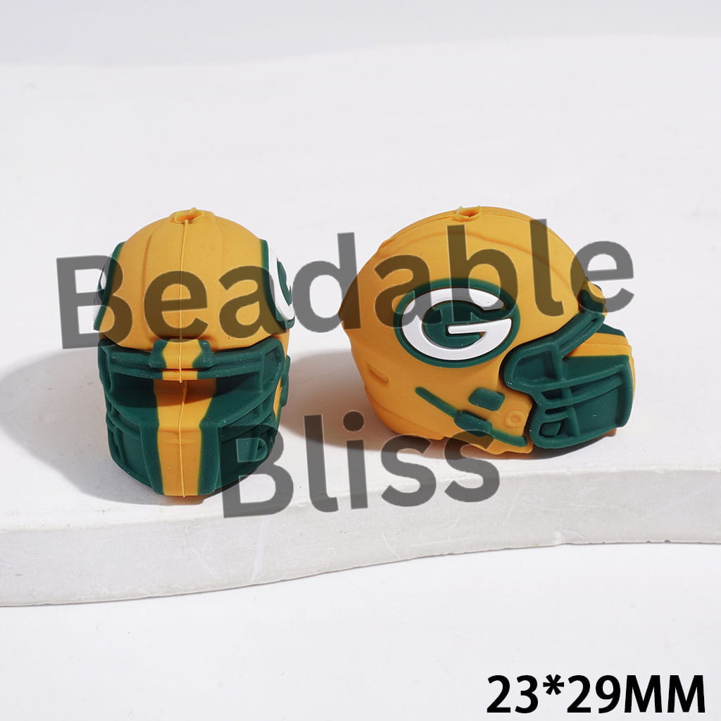 3D Silicone Focal Beads Yellow Green Helmet, Green Bay Football Team, 23*29MM