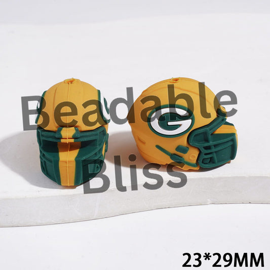 3D Silicone Focal Beads Yellow Green Helmet, Green Bay Football Team, 23*29MM