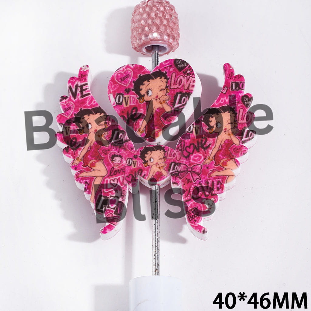 Printed Silicone Focal Beads Old Girl Characters and Rose Pink "LOVE", Heart and Wing Set, 40*46MM