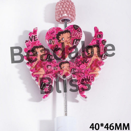 Printed Silicone Focal Beads Fashion Doll Characters and Rose Pink "LOVE", Heart and Wing Set, 40*46MM