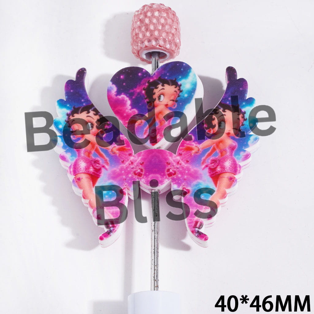 Printed Silicone Focal Beads Old Girl Characters with Blink Eyes in Pink Blue Sky, Heart and Wing Set, 40*46MM