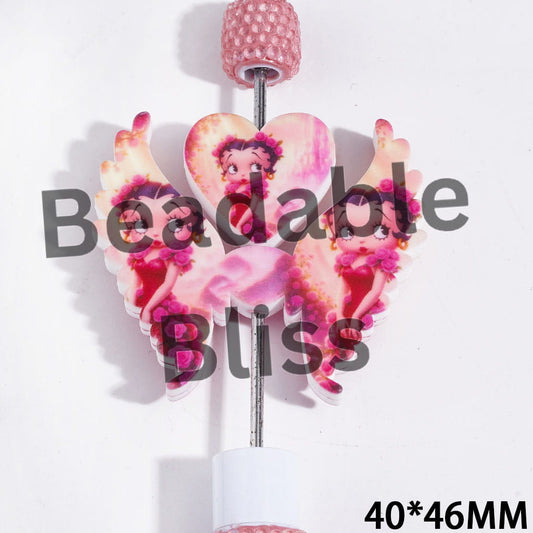 Printed Silicone Focal Beads Fashion Doll Characters with Rose Red Dress, Heart and Wing Set, 40*46MM