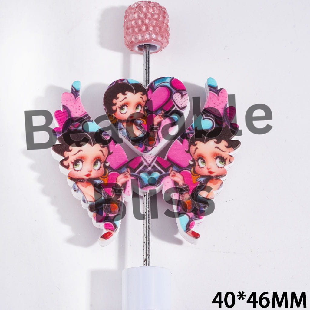 Printed Silicone Focal Beads Old Girl Characters with Pink Blue Heart and Wearing Motorcycle Suit, Heart and Wing Set, 40*46MM