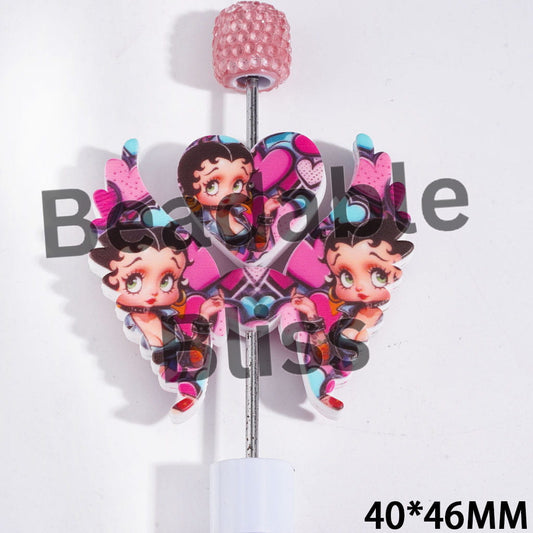 Printed Silicone Focal Beads Fashion Doll Characters with Pink Blue Heart and Wearing Motorcycle Suit, Heart and Wing Set, 40*46MM