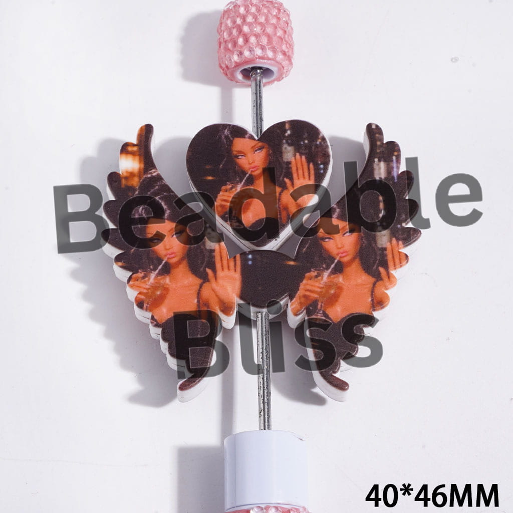 Printed Silicone Focal Beads Fashion Doll Characters with Black Dress and Drinking, Heart and Wing Set, 40*46MM