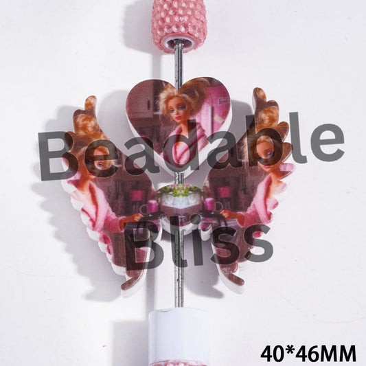 Printed Silicone Focal Beads Fashion Doll Characters Wearing Pink Bathrobe and Holding Kettle, Heart and Wing Set, 40*46MM