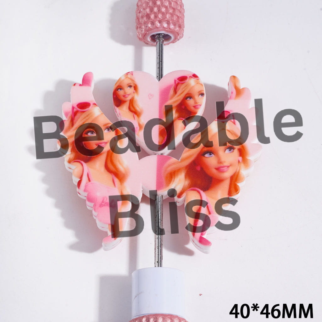 Printed Silicone Focal Beads Fashion Doll Characters with Pink Halter Top and Smiling Face, Heart and Wing Set, 40*46MM