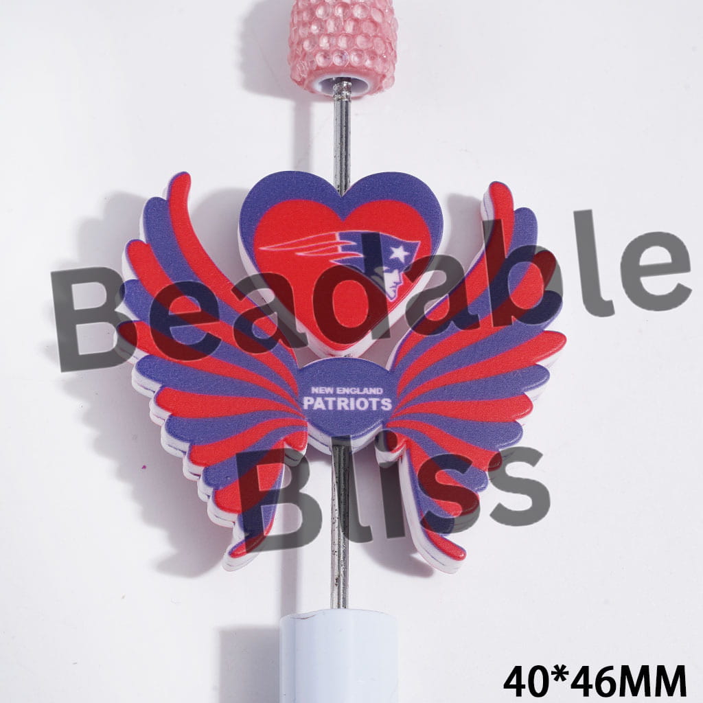 Printed Silicone Focal Beads American Football NE Patriotic Team Pattern, Heart and Wing Set, 40*46MM