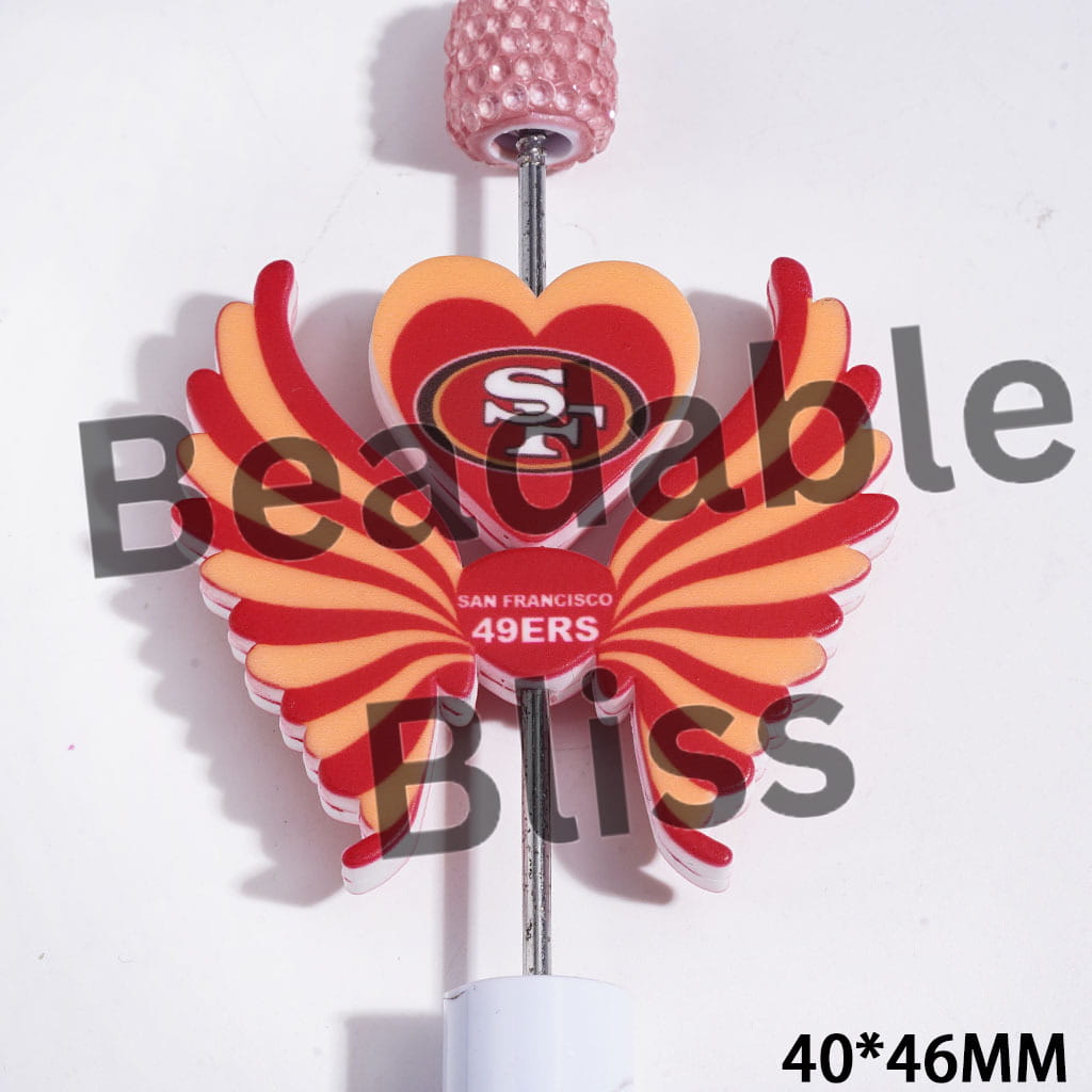 Printed Silicone Focal Beads American Football SF Team Pattern, Heart and Wing Set, 40*46MM