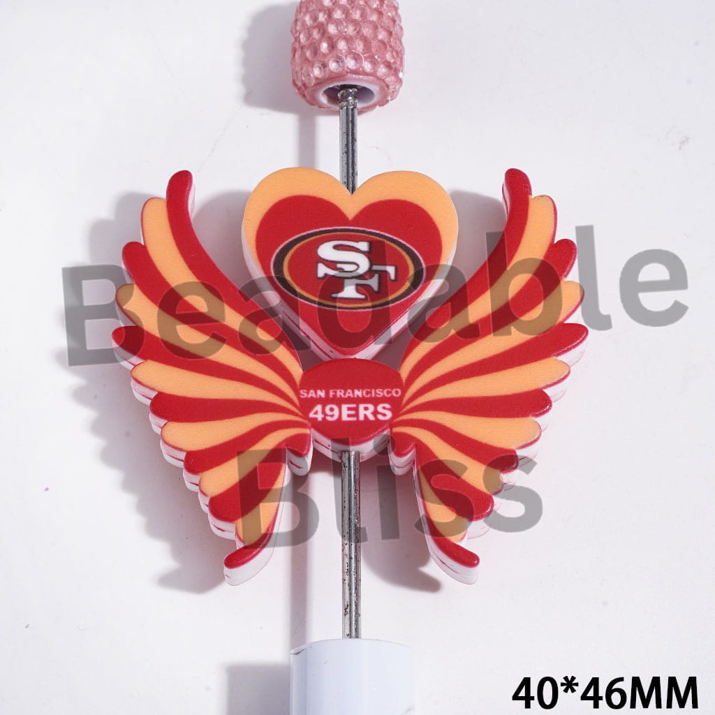 Printed Silicone Focal Beads American Football SF Team Pattern, Heart and Wing Set, 40*46MM