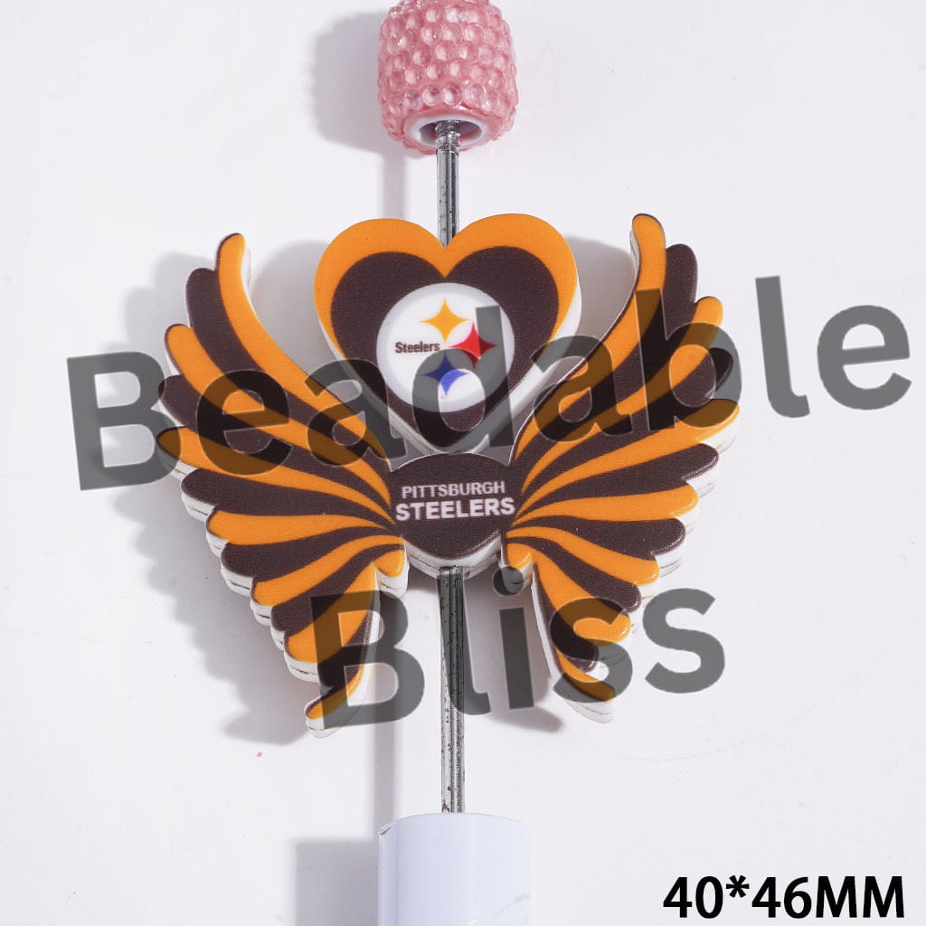 Printed Silicone Focal Beads American Football Pittsburgh Pattern, Heart and Wing Set, 40*46MM