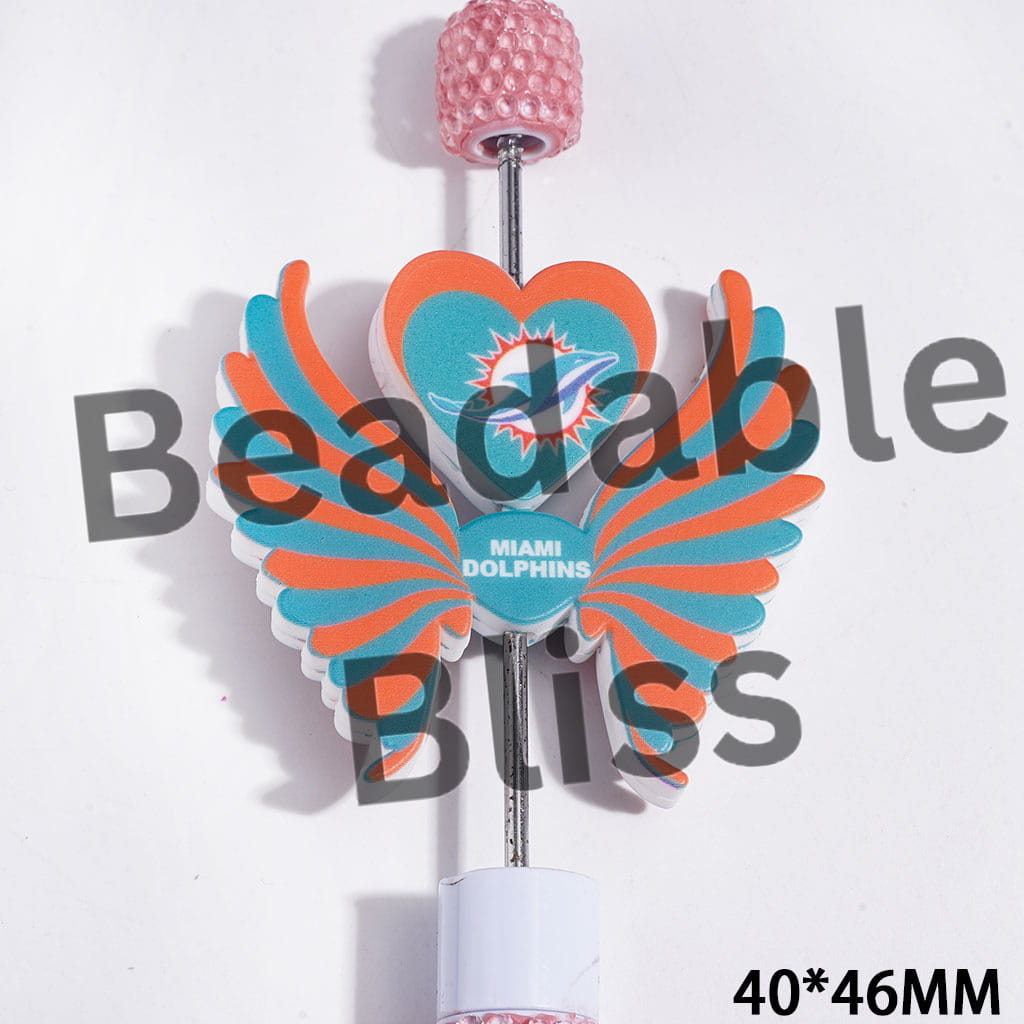 Printed Silicone Focal Beads American Football Team Miami, Heart and Wing Set, 40*46MM