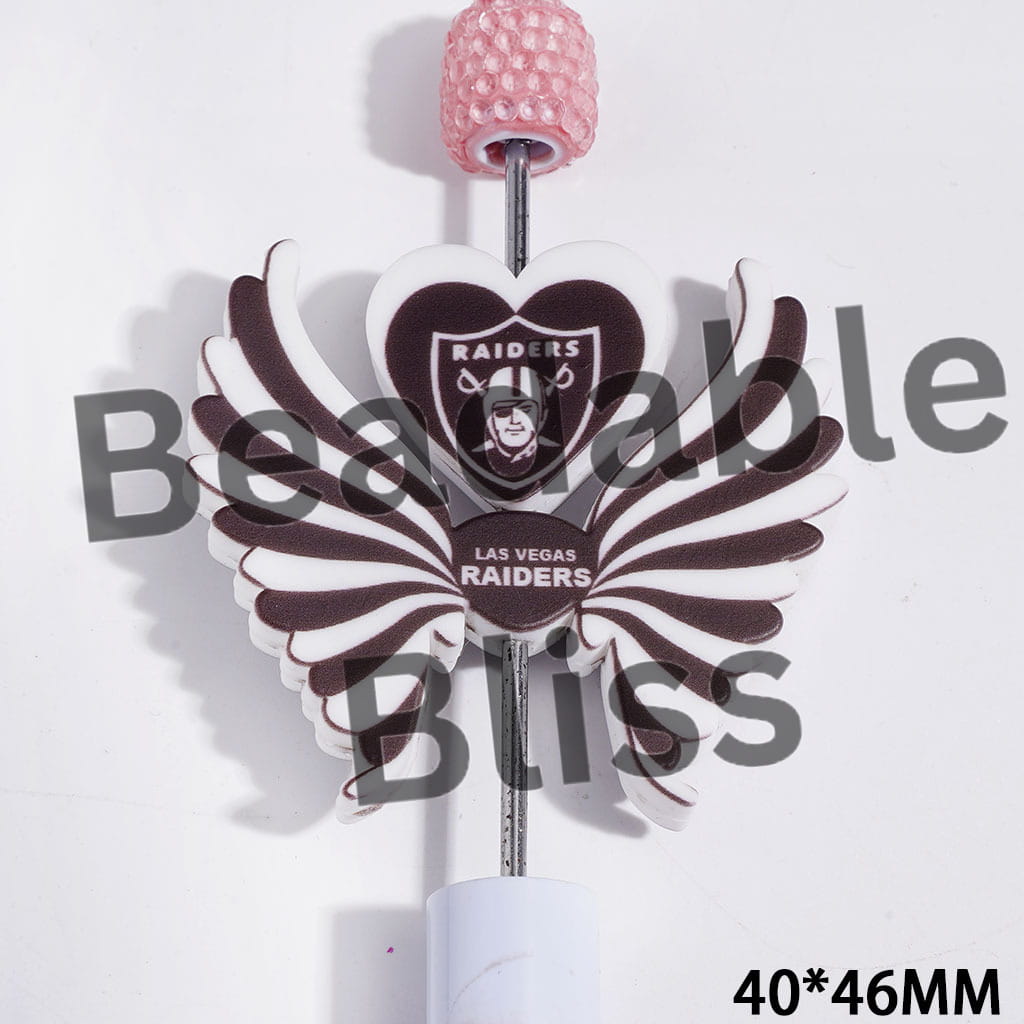 Printed Silicone Focal Beads Las Vegas Football Team Pattern, Heart and Wing Set, 40*46MM