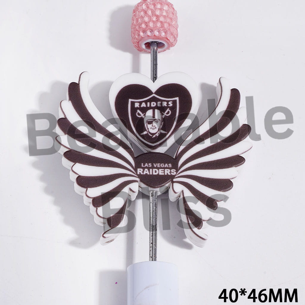 Printed Silicone Focal Beads Las Vegas Football Team Pattern, Heart and Wing Set, 40*46MM
