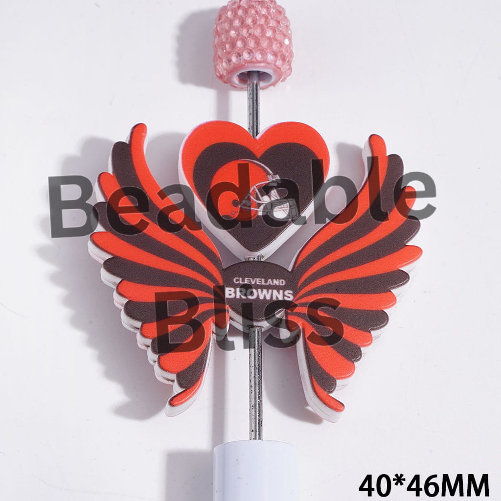 Printed Silicone Focal Beads American Cleveland Football Team Pattern, Heart and Wing Set, 40*46MM