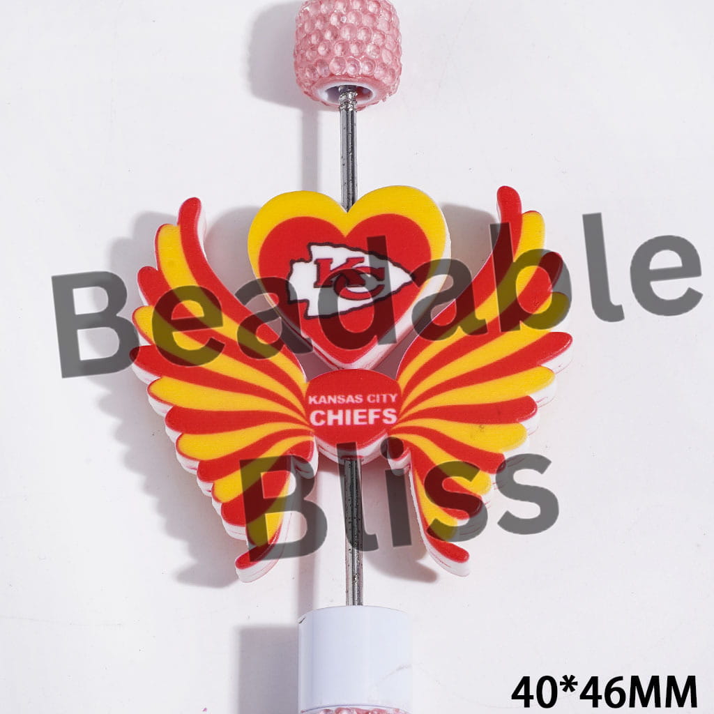 Printed Silicone Focal Beads KC Football Team Pattern, Heart and Wing Set, 40*46MM