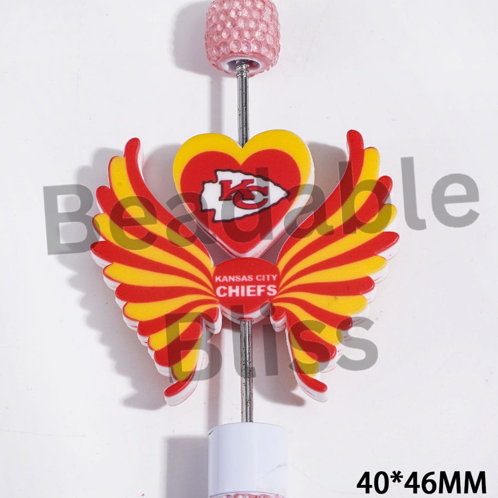 Printed Silicone Focal Beads KC Football Team Pattern, Heart and Wing Set, 40*46MM